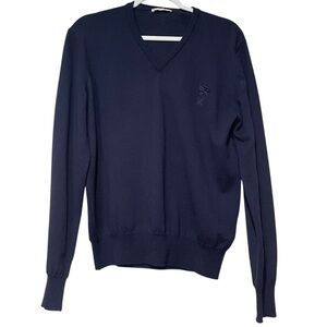 Versace Collection Maglio Navy Blue V-Neck Sweater 100% Wool